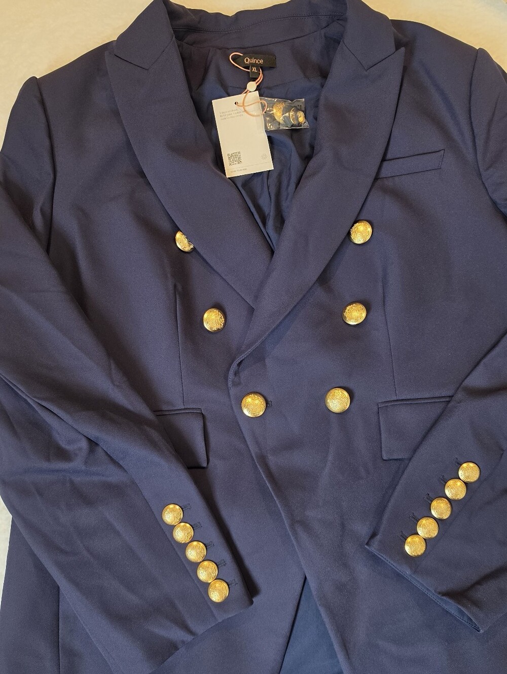 Quince Scuba Captain Convertible Navy Double-Breasted Blazer Gold Button XL